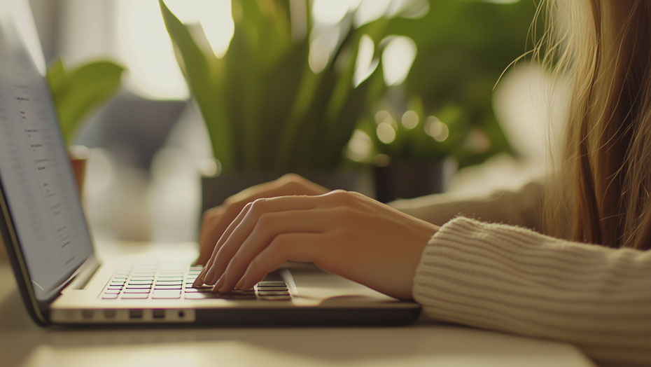 Person tippt auf einem Laptop mit Pflanzen im Hintergrund.